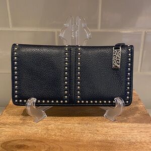 Brighton Navy Studded Leather Organizer Wallet Silver Scroll Zip